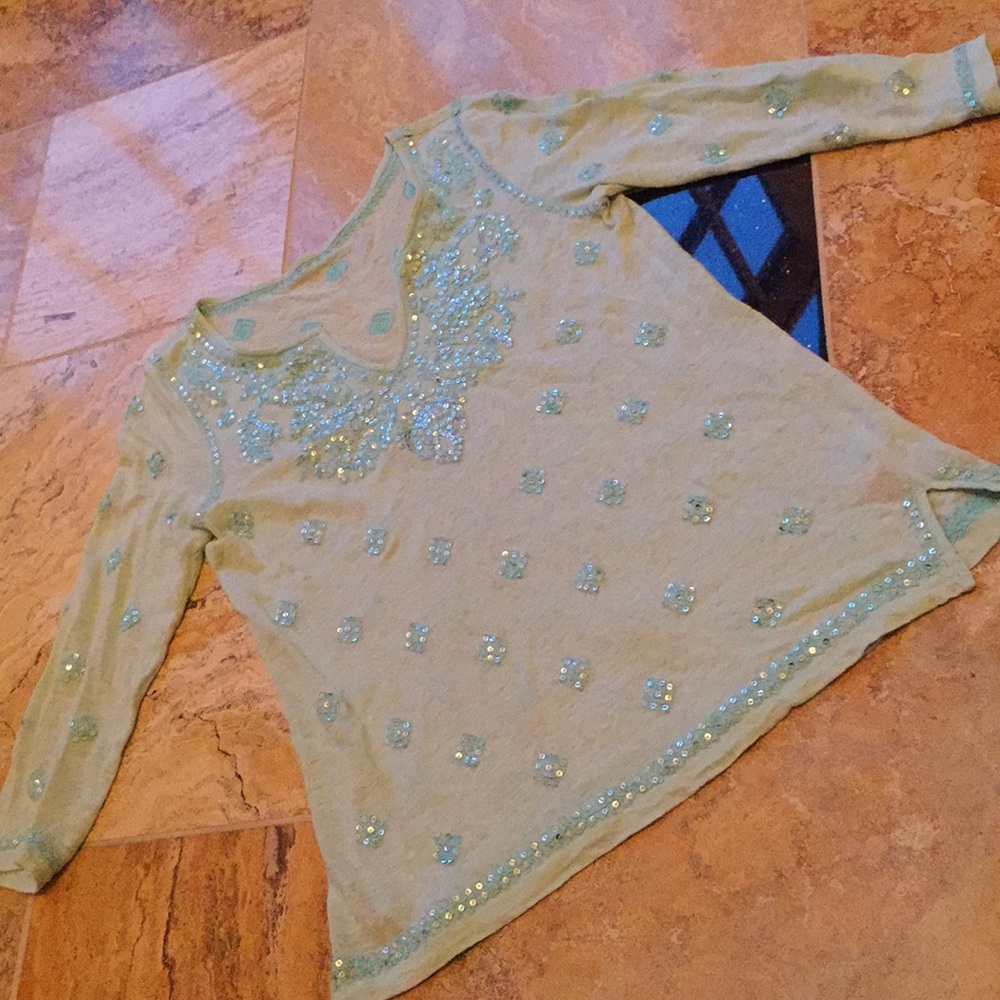 Lightweight embroidered/sequined Linen Aqua/slits